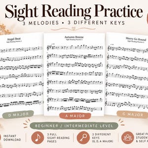 Puede incluir: Tres páginas de partituras tituladas Sight Reading Practice con las melodías Angel Beat, Autumn Breeze y Merry Go Round en Re mayor, La mayor y Sol mayor. Las páginas incluyen notación musical para niveles principiante e intermedio.