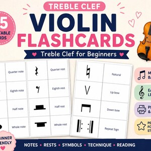 Puede incluir: Un conjunto de 25 tarjetas didácticas de violín imprimibles para principiantes, con notas musicales, silencios y símbolos. El diseño incluye una ilustración de violín y el texto «Clave de sol para principiantes». Las tarjetas son fáciles de aprender e imprimir.