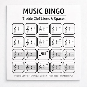 Può includere: Una carta bianca con il testo "MUSIC BINGO" e "Treble Clef Lines & Spaces" in nero. La carta presenta una griglia di simboli di notazione musicale, comprese le note di chiave di violino. La parola "FREE" è presente. Il testo "Middle School • 5 Unique Cards + Free Space • Printable PDF" è in basso.