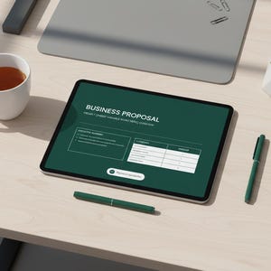 May include: A digital tablet displaying a business proposal on a wooden desk. The tablet is surrounded by a cup of tea, pens, a succulent plant, and a notebook. The proposal has a green background with white text and tables.