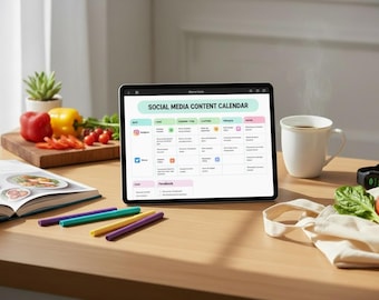 May include: A digital tablet displays a "Social Media Content Calendar" on a wooden table. Beside it are colorful markers, a cookbook, a coffee mug, and fresh produce. A small succulent plant and a fitness tracker are also visible.