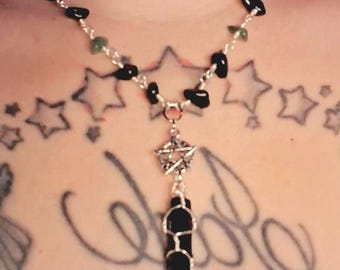Obsidian Crystal Point Necklace with Pentacle Charm, Obsidian & Green Aventurine Crystal Chips