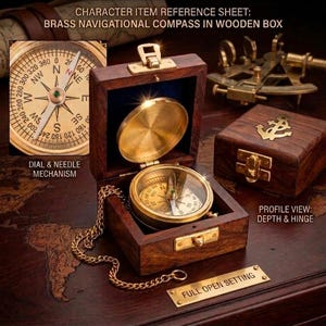 Bussola nautica vintage in ottone con custodia in legno, decorazione nautica e marittima.