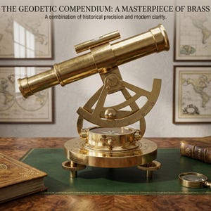 Könnte beinhalten: Ein Theodolit aus Messing mit Kompass und Teleskop, auf einem runden Sockel mit drei Füßen. Der Text lautet: "THE GEODETIC COMPENDIUM: A MASTERPIECE OF BRASS" und "A combination of historical precision and modern clarity."