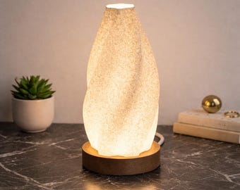 Marble Effect Swirl Wave LED Table Lamp with Wooden Base, Modern Bedside Light, Warm Glow Lamp, Minimalist Home Decor, Unique Night Light