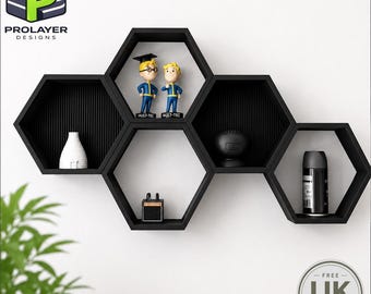Modular Hexagon Wall Shelves (Set of 2, Save 10%), Honeycomb Floating Shelves, Black Geometric Wall Decor, 3D Printed Display Shelf