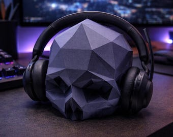 Low Poly Skull Headphone Stand, Hat Holder & Beret Display | 3D Printed Geometric Skull Desk Decor | Gaming Room Accessory |