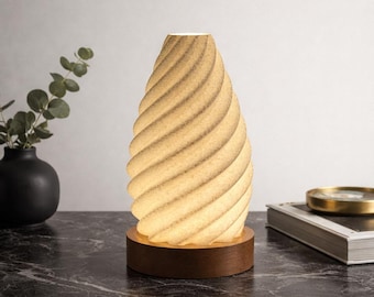 Marble Effect Fluted Spiral Table Lamp with Wooden Base, Modern Bedside Light, Warm Glow Lamp, Minimalist Home Decor, Unique Night Light