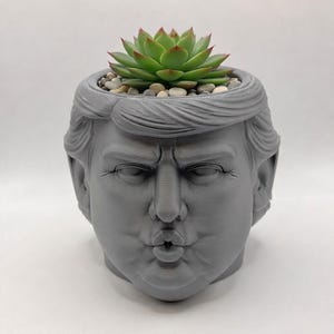 May include: A gray, 3D-printed planter shaped like a head with pursed lips. The planter holds a green succulent plant with red-tipped leaves and small pebbles. The planter has detailed facial features and a hairstyle.