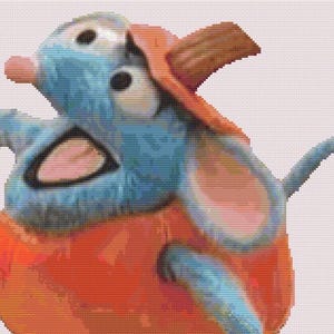 May include: A cross-stitch design of a cartoon mouse with blue fur, a pink nose, and large black eyes. The mouse is wearing an orange outfit and a brown hat. The background is a light pink color.
