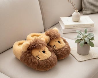 3D Lion Slippers, Plush Fur Indoor Shoes, Cozy Winter House Slippers