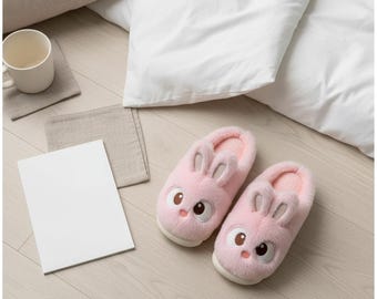 Fluffy Bunny Slippers, Plush Faux Fur, Winter Bedroom Shoes