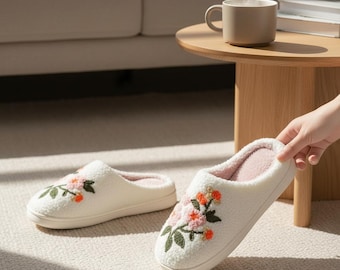 Girls' Plush Slippers, Embroidered Flower, Cozy Winter Footwear