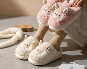 Sheep Plush Slippers | Embroidered Cartoon Animal, Warm Indoor Slides