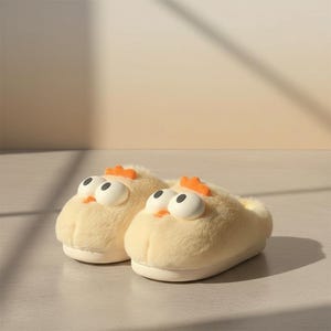 May include: A pair of plush, light yellow slippers shaped like cartoon chickens. Each slipper has large, white eyes with black pupils, an orange comb, and a small orange beak. The slippers have a soft, fuzzy texture.