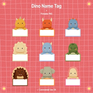 Puede incluir: Una colección de nueve etiquetas con nombres de dinosaurios, cada una con un personaje de dinosaurio único que sostiene una etiqueta blanca en blanco. Las etiquetas son de varios colores, incluyendo amarillo, naranja, azul, verde y rosa, sobre un fondo de cuadrícula rosa. El texto en la parte superior dice "Dino Name Tag + Printable PNG".