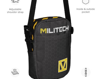 May include: Black crossbody bag with yellow accents and the word "MILITECH" in white and yellow. Features include an adjustable shoulder strap, sturdy fabric, two-way zipper, and inside and outside pockets. The bag has a hexagonal pattern.