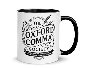 Oxford Comma Mug: Grammar Lover Coffee Cup with Colorful Rim