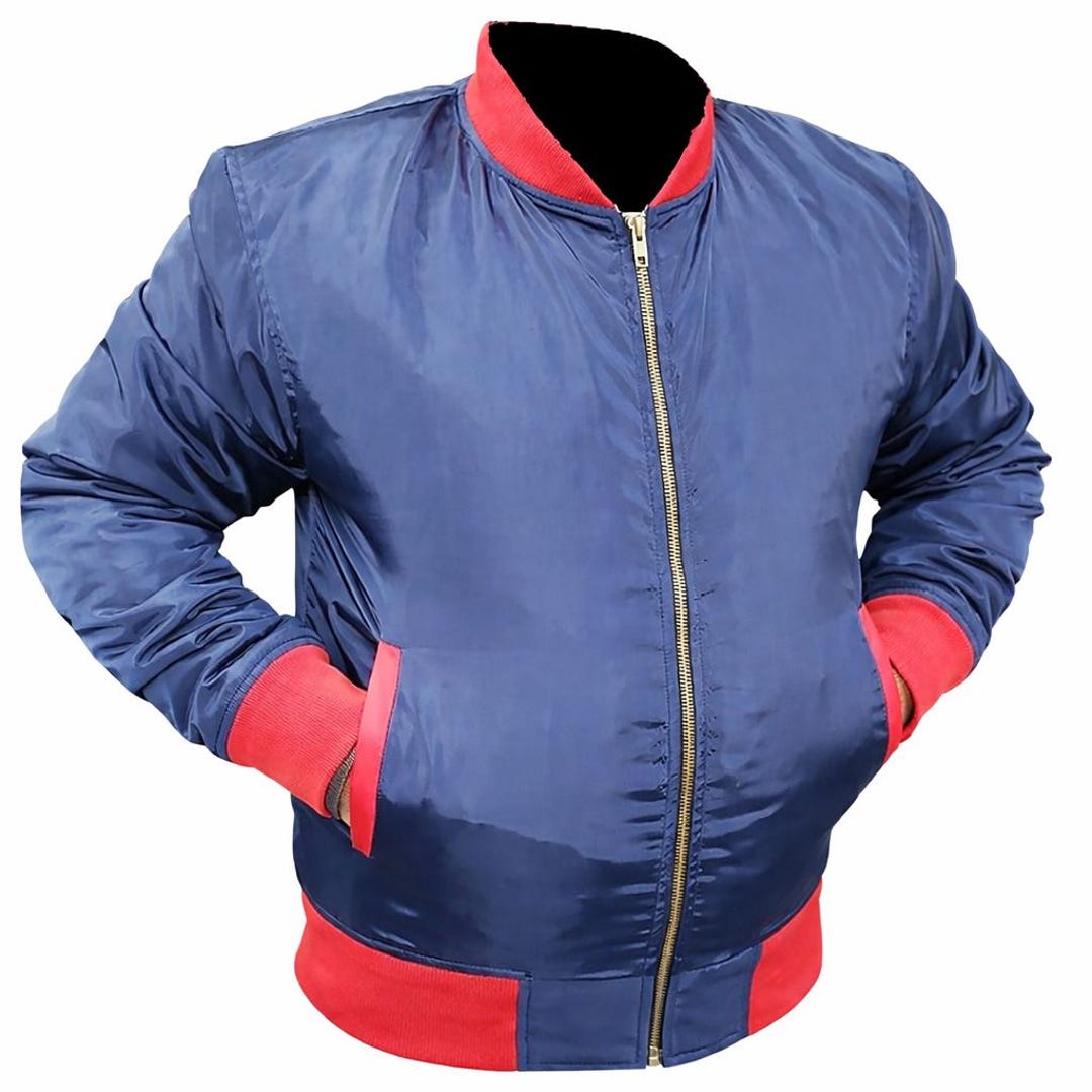 Men s Blue Satin Bomber Jacket MR PLOW Back Print Vintage Varsity men-s-blue-satin-bomber-jacket-mr-plow-back-print-vintage-varsity
