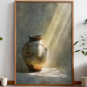 May include: A framed art print featuring a still life of a ceramic vase with a warm, earthy color palette. The artwork is set against a soft, neutral background with light streaming across the scene. The text "AmenArtCo" is at the top.