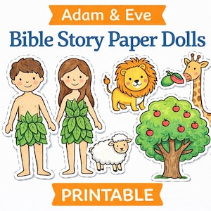 May include: Colorful printable paper dolls featuring Adam and Eve, along with a lion, giraffe, sheep, and apple tree. The text "Adam & Eve Bible Story Paper Dolls" and "Printable" are displayed on the image.