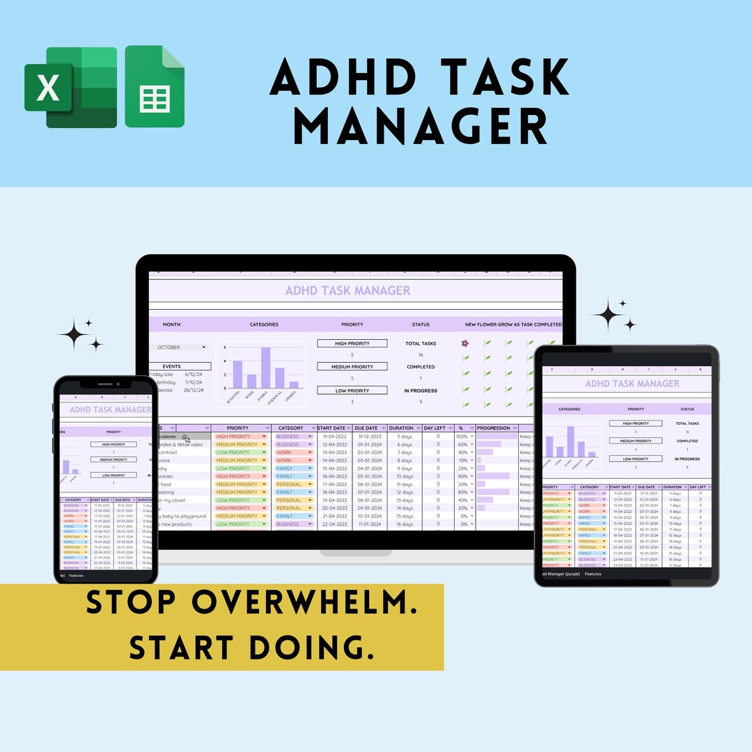ADHD Task Tracker Spreadsheet Digital - Priority Task Tracker - Monthly ...