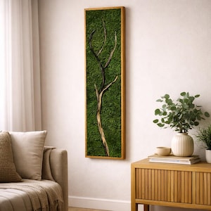 Puede incluir: Una pieza de arte mural rectangular con marco de madera, llena de musgo verde y una rama de árbol oscura en el centro. La obra de arte está montada en una pared blanca. Los elementos naturales crean un contraste llamativo. Es un elemento decorativo para el hogar.