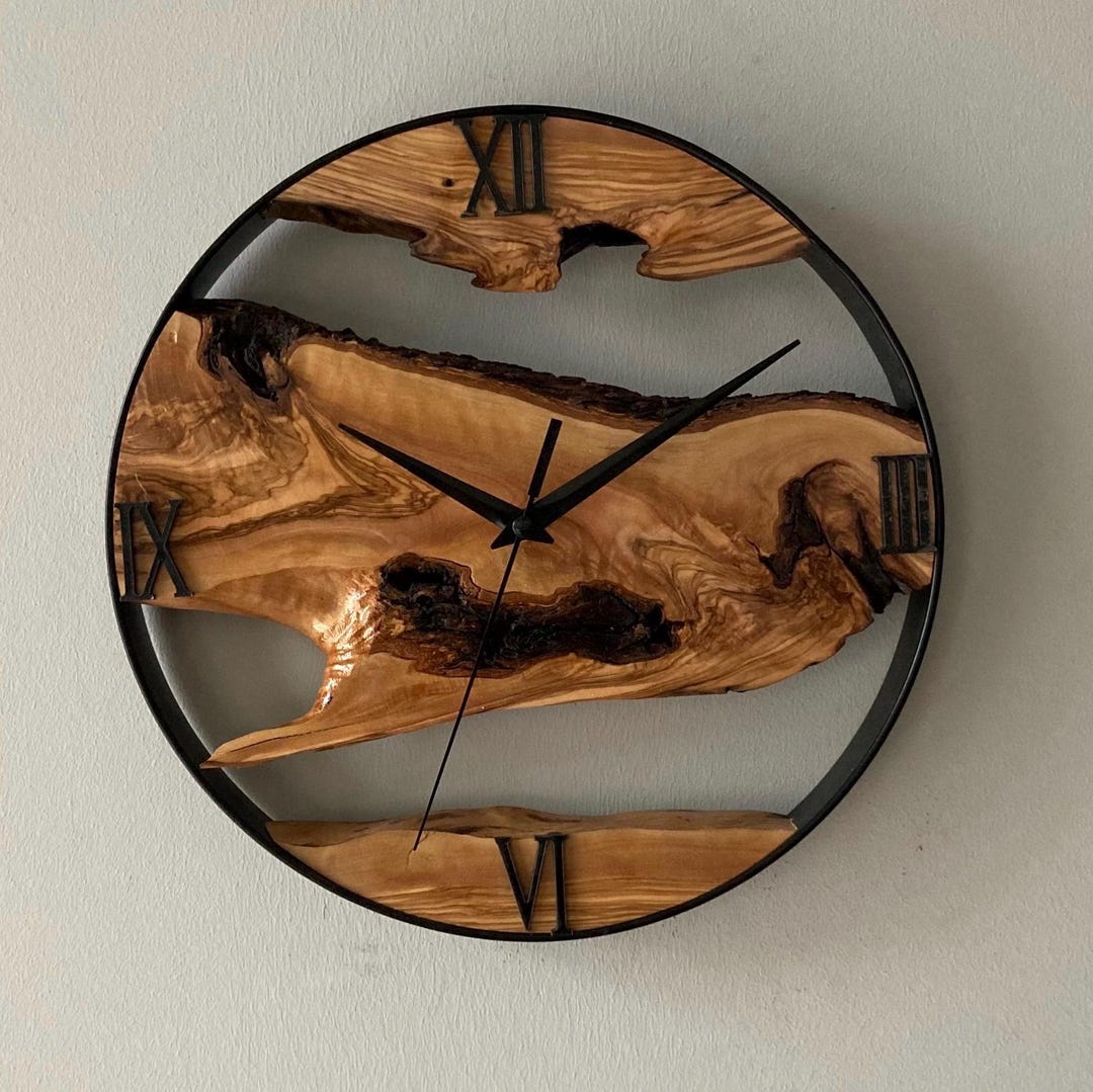 Handmade Olive Wood Round Wall Clock With Metal Frame, Rustic Modern ...