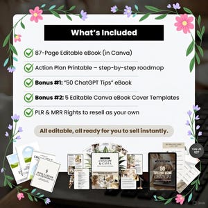 Puede incluir: Imagen que muestra recursos de marketing digital, incluyendo un eBook editable de 87 p&aacute;ginas, un plan de acci&oacute;n y eBooks de bonificaci&oacute;n. El texto dice "What's Included" y "All editable, all ready for you to sell instantly."