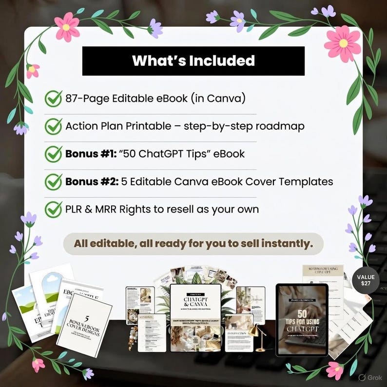 Puede incluir: Imagen que muestra recursos de marketing digital, incluyendo un eBook editable de 87 p&aacute;ginas, un plan de acci&oacute;n y eBooks de bonificaci&oacute;n. El texto dice "What's Included" y "All editable, all ready for you to sell instantly."