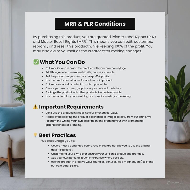 Puede incluir: Documento blanco con el texto &laquo;&nbsp;MRR & PLR Conditions&nbsp;&raquo;. Detalla los derechos de marca privada (PLR) y los derechos de reventa principales (MRR), as&iacute; como las acciones permitidas y los requisitos importantes. Una planta en maceta es visible a la derecha.