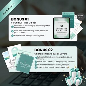 Puede incluir: Imagen que promociona un paquete de productos digitales. Incluye un libro electr&oacute;nico titulado "50 consejos de ChatGPT" y 5 portadas de libros electr&oacute;nicos de Canva editables. El texto destaca la facilidad de uso y los dise&ntilde;os de alta calidad. La imagen tambi&eacute;n incluye cajas de regalo.
