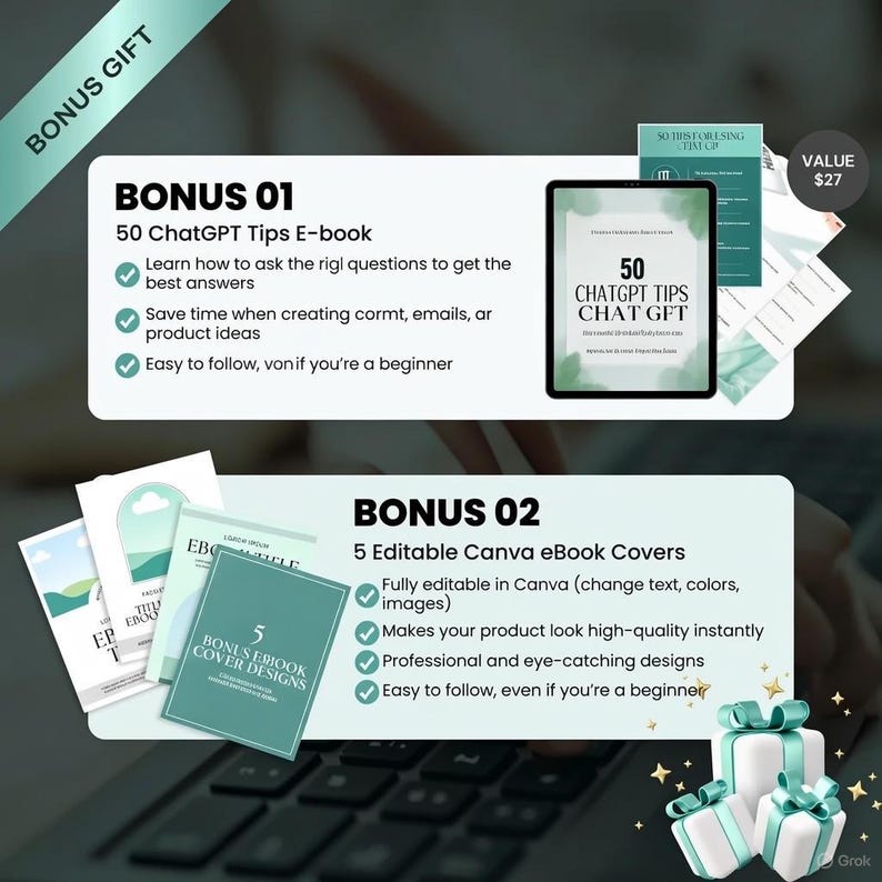 Puede incluir: Imagen que promociona un paquete de productos digitales. Incluye un libro electr&oacute;nico titulado "50 consejos de ChatGPT" y 5 portadas de libros electr&oacute;nicos de Canva editables. El texto destaca la facilidad de uso y los dise&ntilde;os de alta calidad. La imagen tambi&eacute;n incluye cajas de regalo.