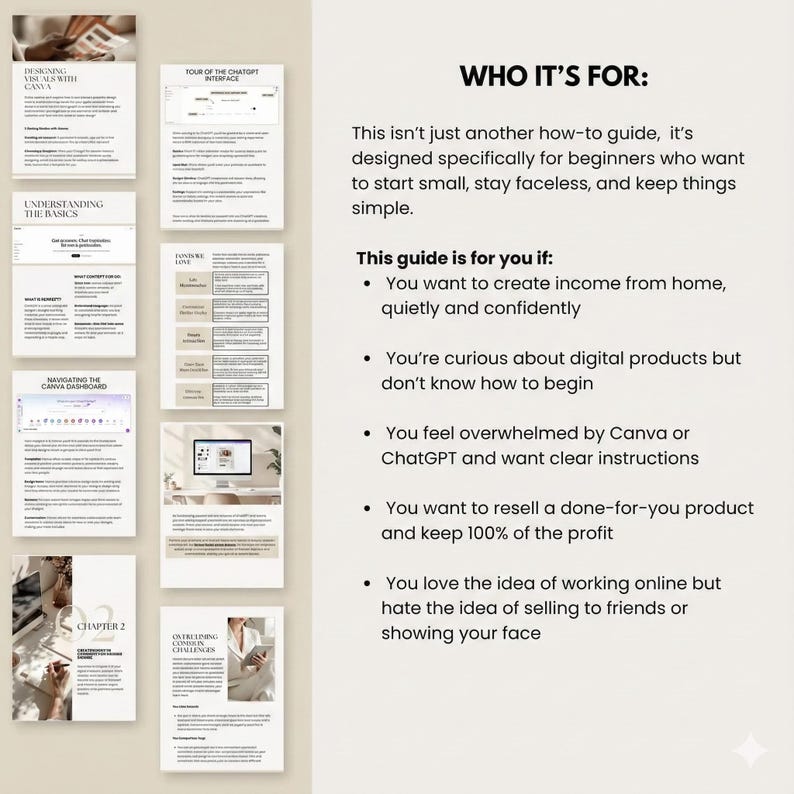 Puede incluir: Una gu&iacute;a digital con el t&iacute;tulo "Designing Visuals with Canva" y otros cap&iacute;tulos. La gu&iacute;a es para principiantes que desean generar ingresos desde casa. El texto "WHO IT'S FOR:" est&aacute; en la parte superior de la p&aacute;gina.