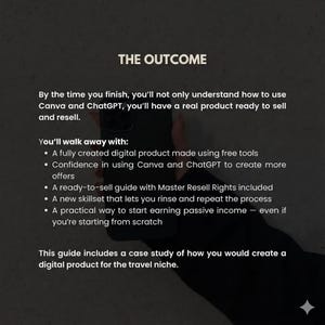 Puede incluir: Imagen con el texto "THE OUTCOME" y vi&ntilde;etas que describen los beneficios de una gu&iacute;a de producto digital. La gu&iacute;a cubre Canva, ChatGPT y la creaci&oacute;n de un producto para el nicho de viajes.
