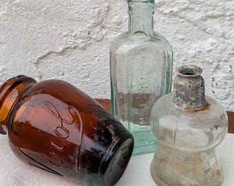 Curated Set of Antique British Pharmacy Bottles - Virol Food Supplement, Lung Tonic (HULL) & Chemist Glass, c.1870-1930