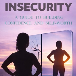 Op de afbeelding: Boekomslag met de titel "OVERCOMING INSECURITY" in witte letters. De ondertitel luidt "A GUIDE TO BUILDING CONFIDENCE AND SELF-WORTH." Silhouetten staan voor een spiegel, waarvan één gebarsten is. Auteur: Dr. Clement Kwakye.