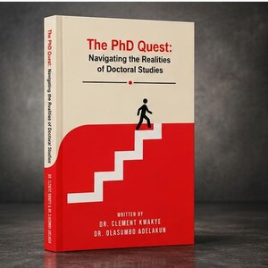 May include: A book titled "The PhD Quest: Navigating the Realities of Doctoral Studies." The cover has a red and cream design with a person climbing stairs graphic. The authors' names are displayed at the bottom of the cover.