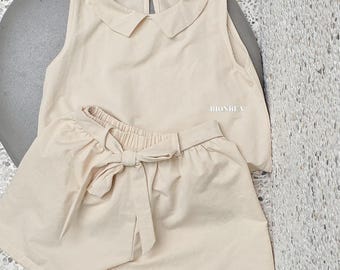 Beige Linen Toddler Outfit Set – Minimalist Summer Girls Clothes – Sleeveless Top & Skirt Set – Neutral Baby Girl Outfit – Handmade Kidswear