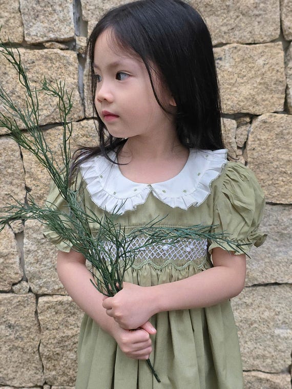 Green smocked dress for girls.Olive Green smocked dress for girls. Princess smocked dress for girls