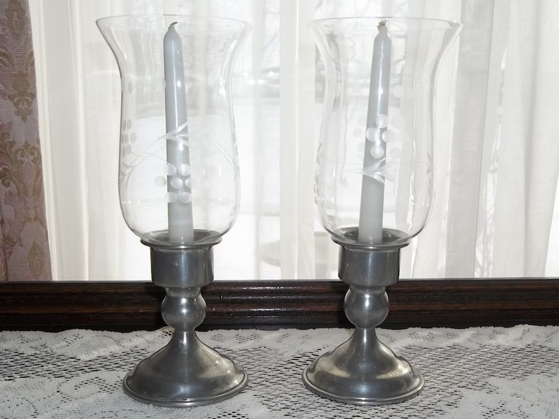 Vintage Kirk Pewter Candle Holders with Etched Glass Hurricane Etsy