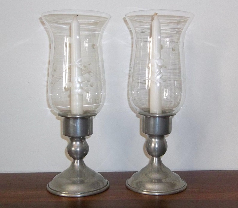 Vintage Kirk Pewter Candle Holders with Etched Glass Hurricane Etsy
