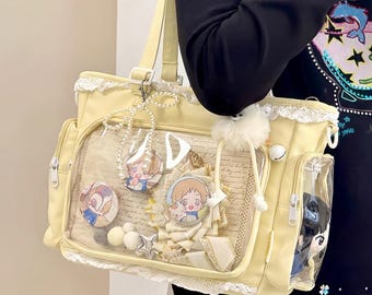 Pastel Kawaii Ita Tote Shoulder Bag with Clear Window Display for Anime Pins Collectors