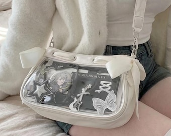 White Y2K Ita Shoulder Bag with Clear Display Window Pocket Kawaii Baguette Japanese Style