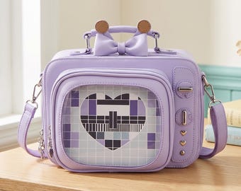 Ita-väska med genomskinligt fönster, fotokortsdisplay, axelväska med TV-stil, rosettdetalj