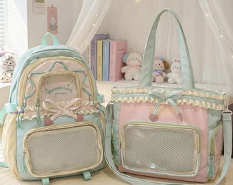 Conjunto de mochila y bolso de hombro Kawaii Ita con bolsillo transparente, estilo anime Ita.