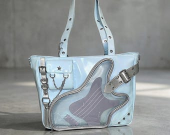 Guitar Shape Ita Shoulder Bag with Clear Window, Y2K Punk Pin Display Crossbody Bag Alt Fashion Style