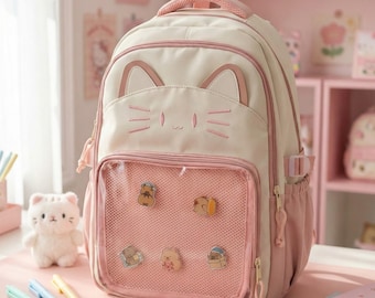 Kawaii Cat Ita Backpack with Clear Display Pocket, Anime Ita Bag, Multiple Color Options