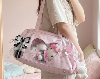 Pastel Heart Ita Shoulder Bag with Clear Display Window Kawaii Plush Soft Girl Style