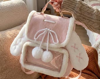 Soft Plush Bunny Ita Backpack with Clear Display Pocket, Kawaii Display Bag for Pins